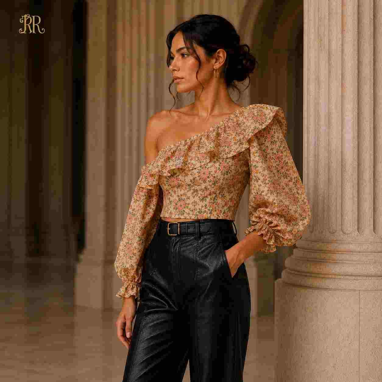 Floral One-Shoulder Ruffle Crop Top - Image 2