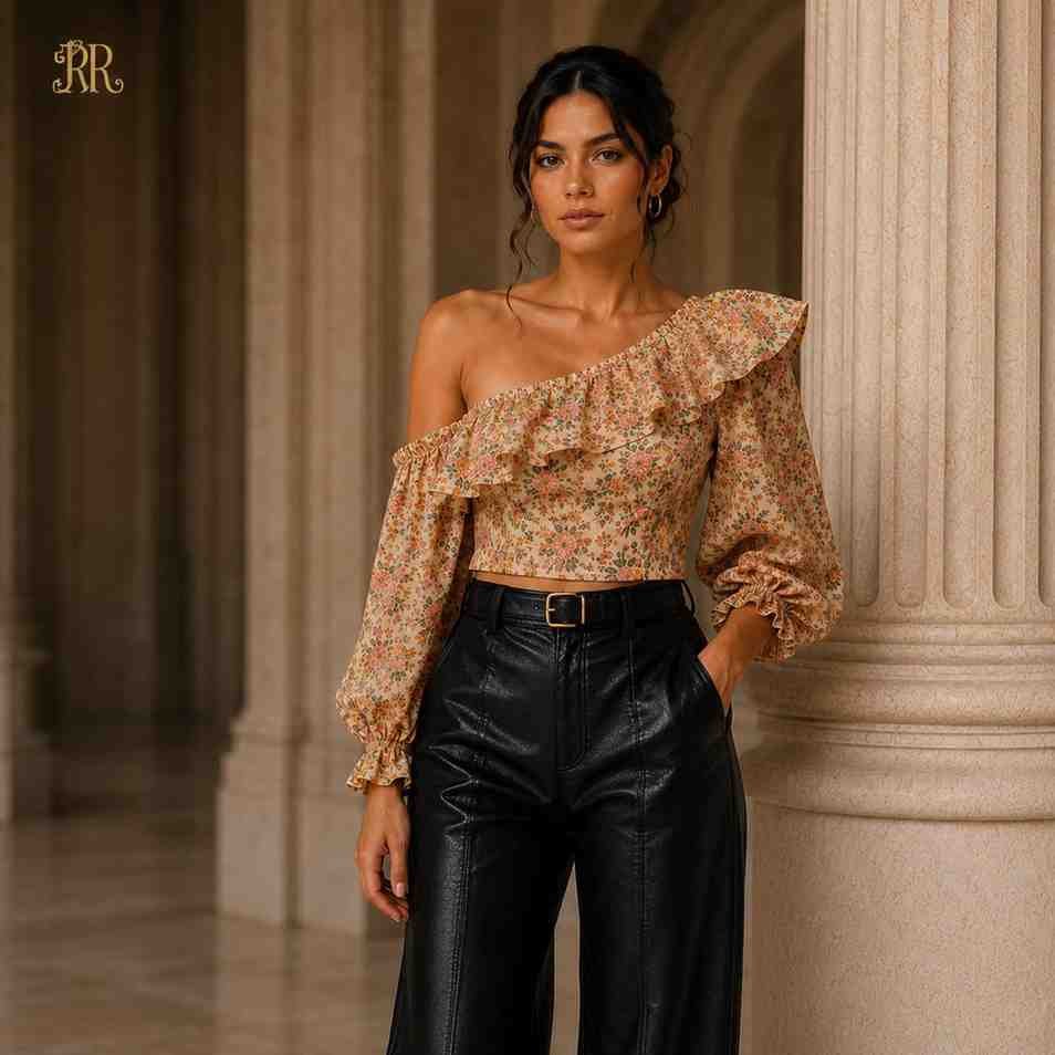 Floral One-Shoulder Ruffle Crop Top