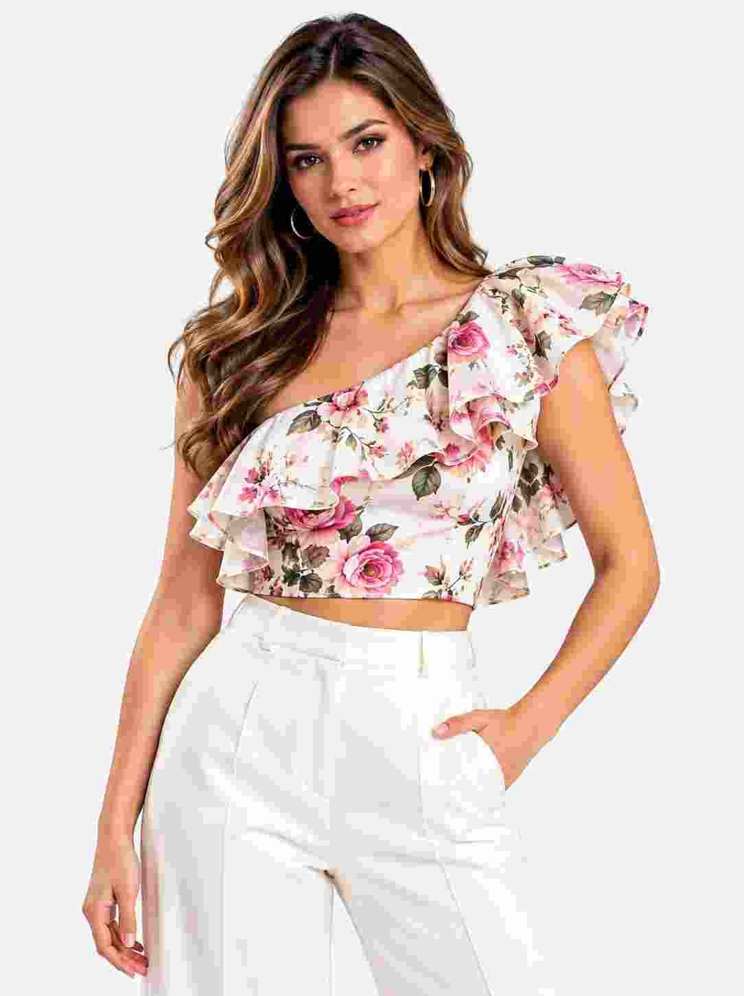 Floral One-Shoulder Ruffle Crop-Top